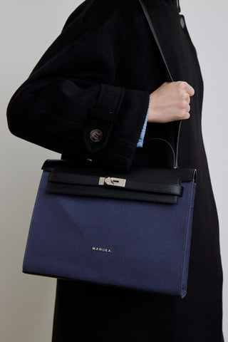 Leather Detailed Canvas Bag Navy Blue