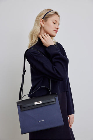 Leather Detailed Canvas Bag Navy Blue