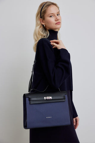 Leather Detailed Canvas Bag Navy Blue