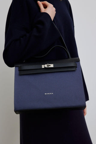 Leather Detailed Canvas Bag Navy Blue