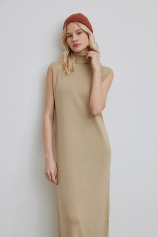 Turtleneck Sleeveless Knitwear Dress Desert Sand