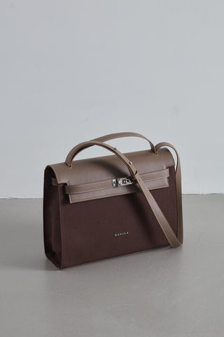 Faux Leather Detailed Canvas Bag Dark Brown