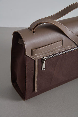 Leather Detailed Canvas Bag Dark Brown