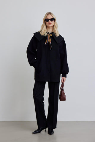 Wide Collar Belted Jacket Black