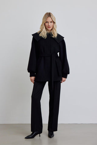 Wide Collar Belted Jacket Black