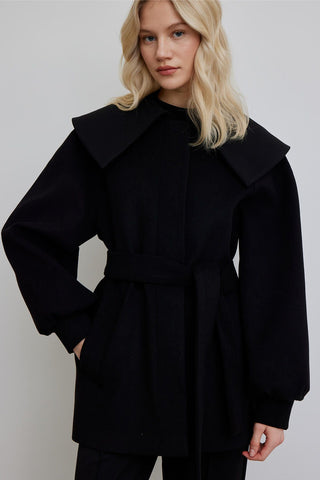 Wide Collar Belted Jacket Black