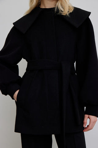 Wide Collar Belted Jacket Black