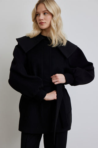 Wide Collar Belted Jacket Black