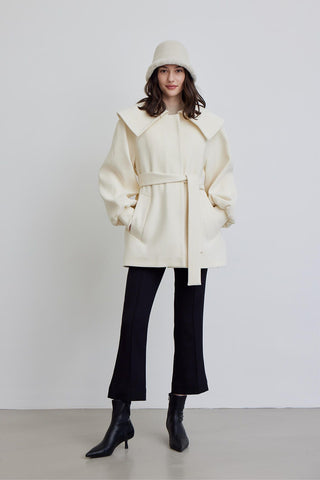 Wide Collar Belted Jacket Ecru