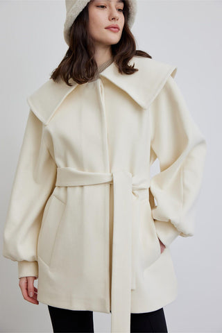 Wide Collar Belted Jacket Ecru