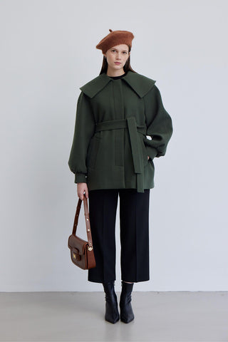 Wide Collar Belted Jacket Emerald