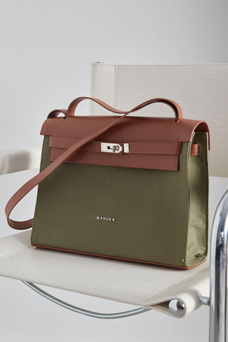 Faux Leather Detailed Canvas Bag Green