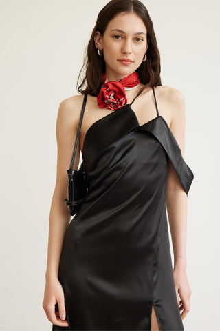 One Shoulder Satin Evening Dress Black