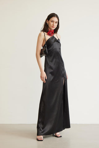 One Shoulder Satin Evening Dress Black