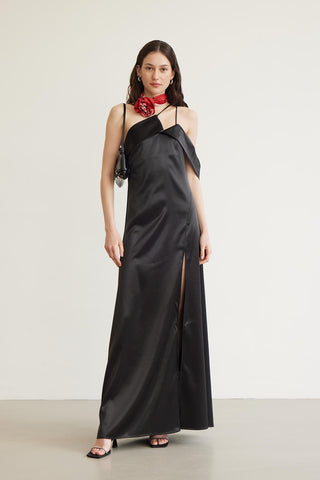 One Shoulder Satin Evening Dress Black