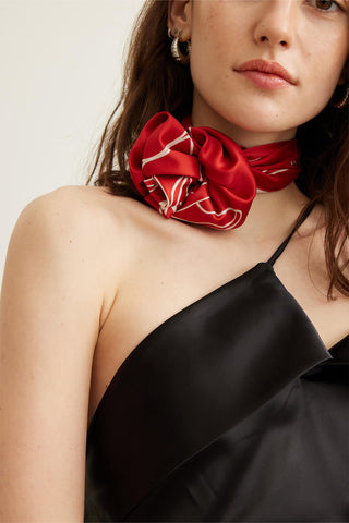 Patterned Satin Neck Scarf Rose Red