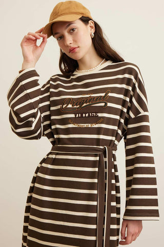 Retro Embroidery Sweatshirt Dress Brown