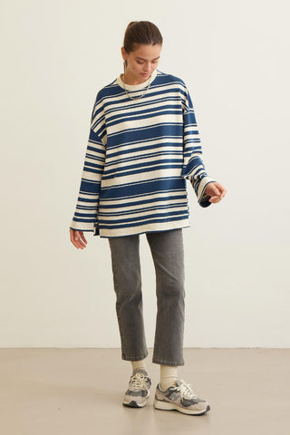 Mia Striped Oversize Sweatshirt Navy Blue