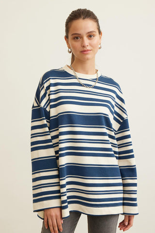 Mia Striped Oversize Sweatshirt Navy Blue