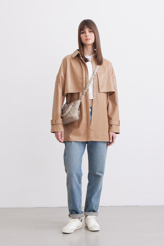 Trench Style Leather Shirt Camel