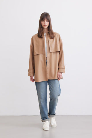 Trench Style Leather Shirt Camel