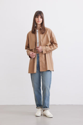 Trench Style Leather Shirt Camel