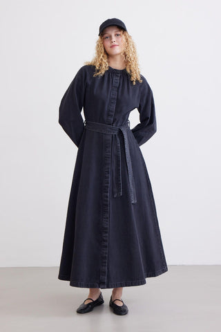 Raglan Sleeve Shirred Denim Dress Black