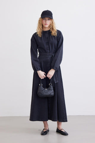 Raglan Sleeve Shirred Denim Dress Black