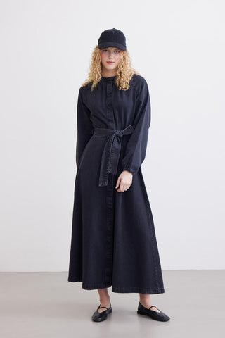 Raglan Sleeve Shirred Denim Dress Black