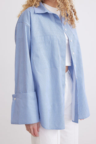 Wide Cuff Striped Shirt Blue