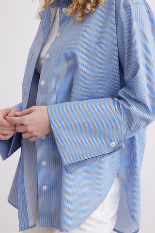 Wide Cuff Striped Shirt Blue