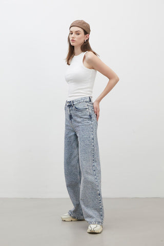 Loose Fit Textured Denim Trousers Blue