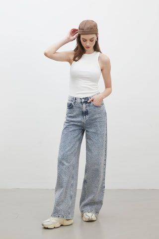 Loose Fit Textured Denim Trousers Blue