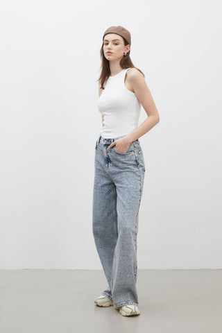 Loose Fit Textured Denim Trousers Blue