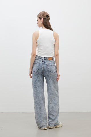 Loose Fit Textured Denim Trousers Blue