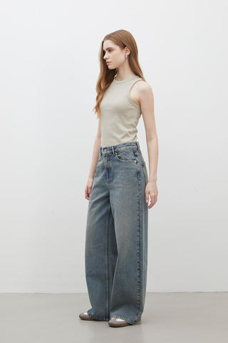 Wide Leg Denim Pantolon Koyu Mavi̇