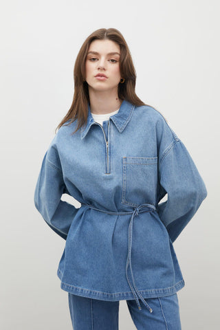 Shirt Collar Denim Blouse Blue