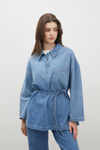 Shirt Collar Denim Blouse Blue