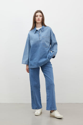 Shirt Collar Denim Blouse Blue