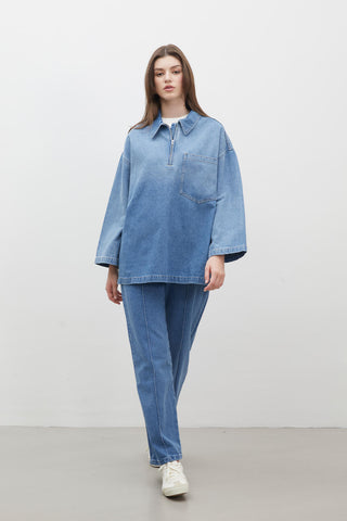 Shirt Collar Denim Blouse Blue