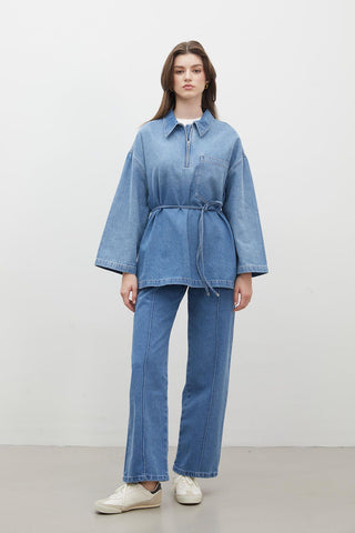 Shirt Collar Denim Blouse Blue