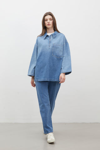 Stitch Detail Straight Denim Trousers Blue