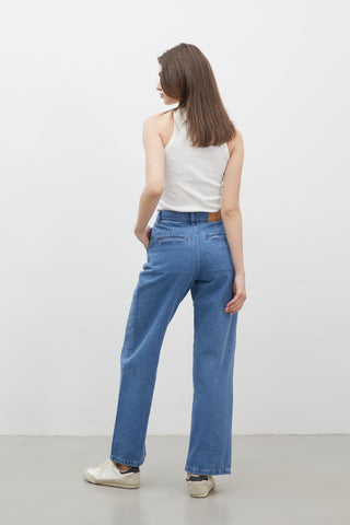 Stitch Detail Straight Denim Trousers Blue