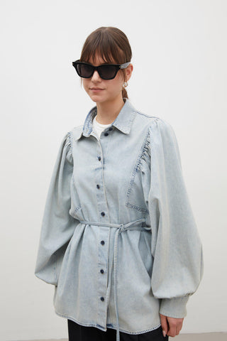 Balloon Sleeve Denim Shirt Light Blue