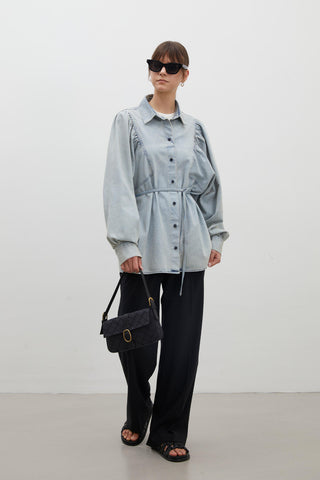 Balloon Sleeve Denim Shirt Light Blue