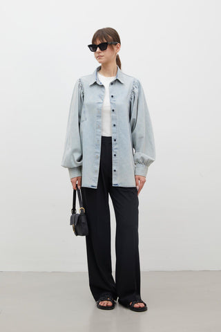 Balloon Sleeve Denim Shirt Light Blue