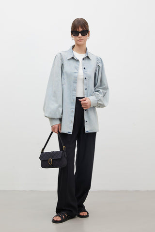 Balloon Sleeve Denim Shirt Light Blue