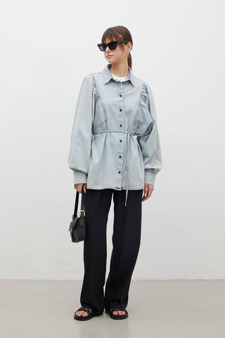 Balloon Sleeve Denim Shirt Light Blue