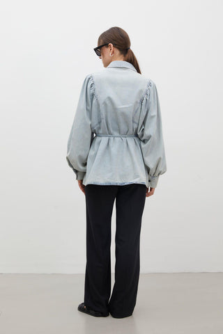 Balloon Sleeve Denim Shirt Light Blue