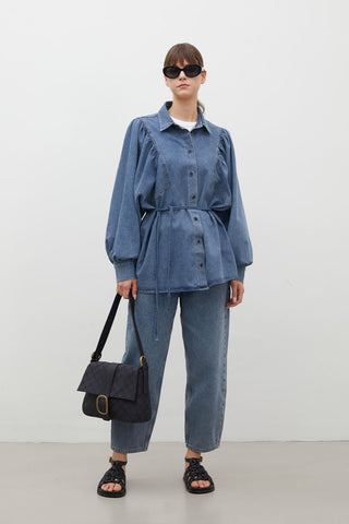 Balloon Sleeve Denim Shirt Blue